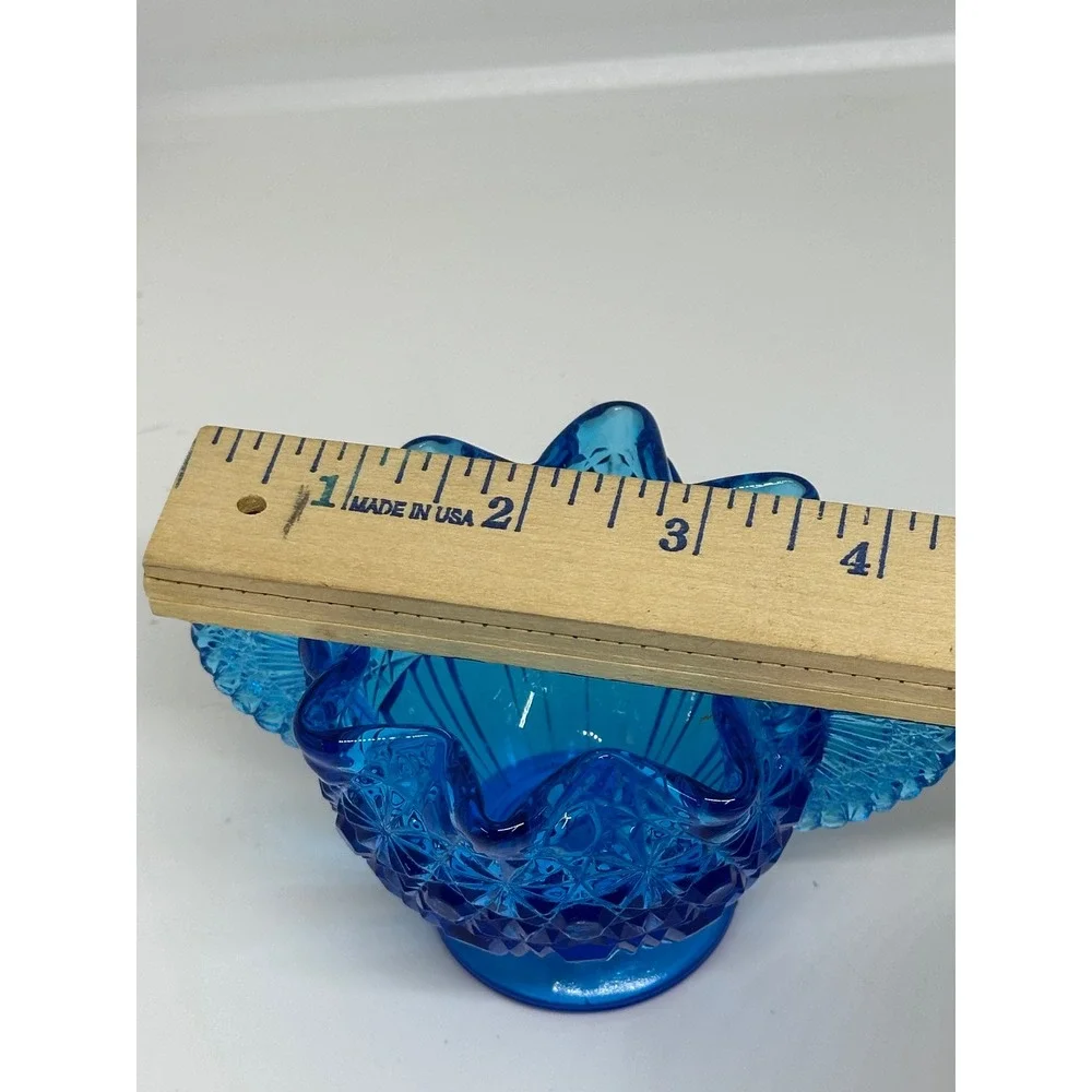 VTG Fenton Blue Glass Creamer Sugar Bowl Set Daisy Button Pattern Scalloped Edge